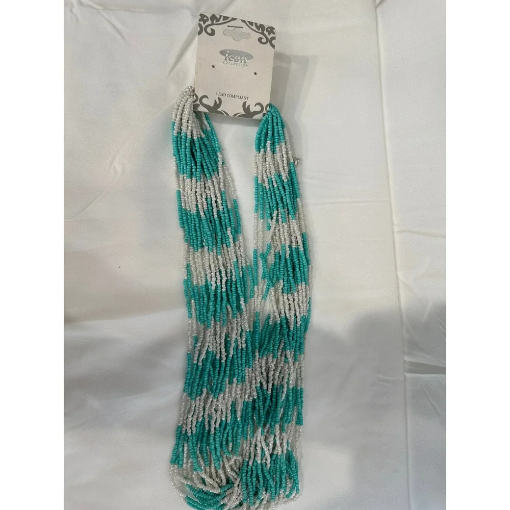 Icon Turquoise White Multi Strand Seed Bead Statement Necklace Boho